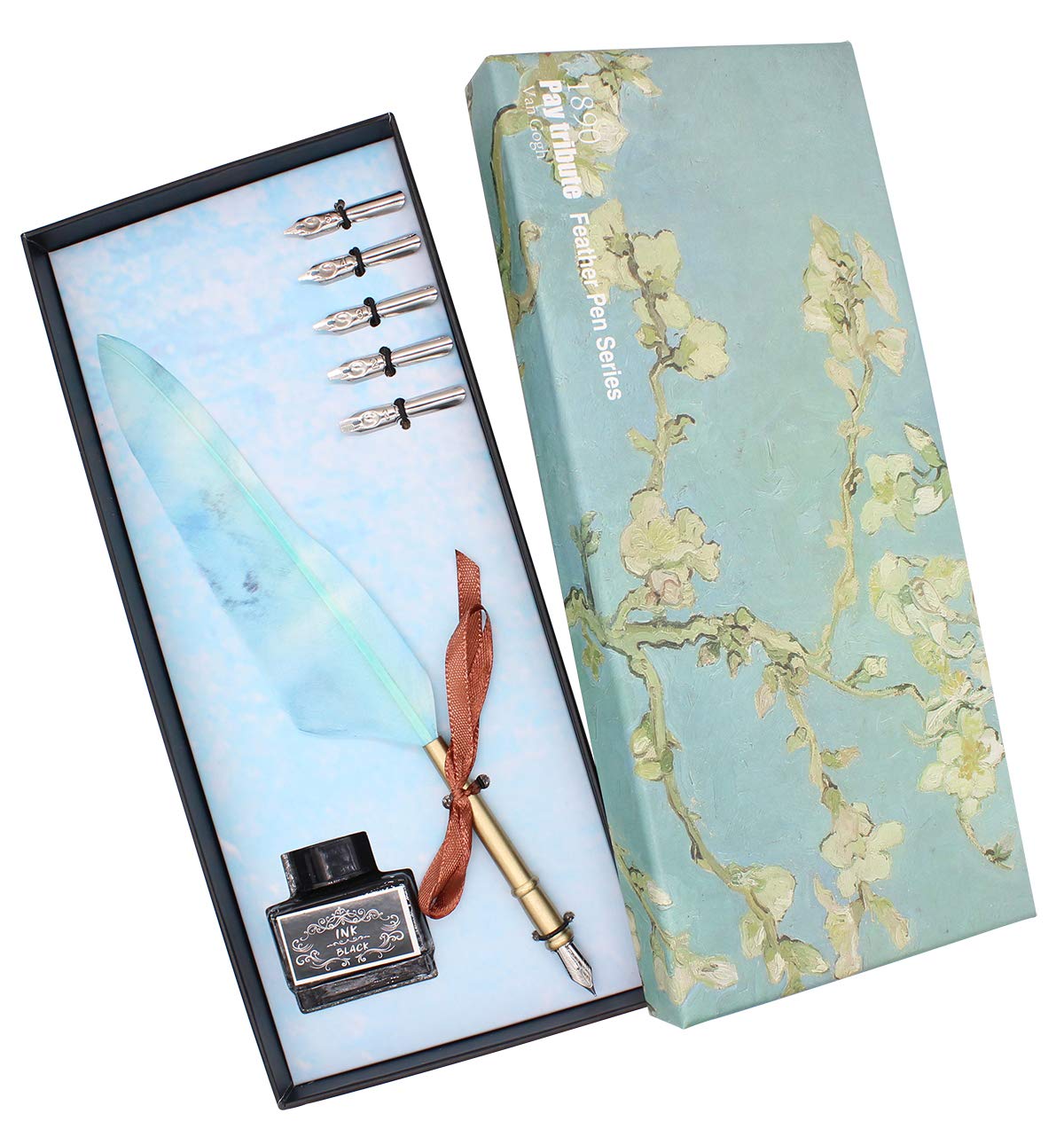 Ranvi Feather Quill Pen Set, Antique Calligraphy Pen Set (with 5 Replacement Nibs), 1 Ink and 1 Gift Box(Apricot Blossom)
