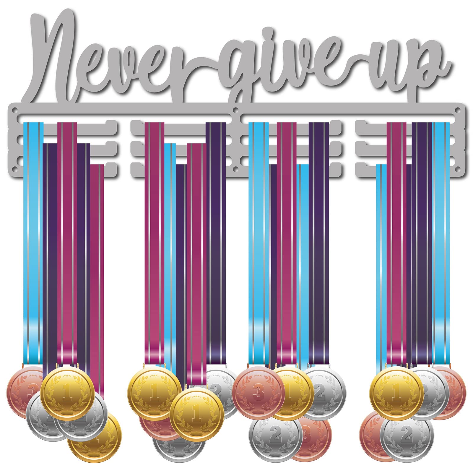 CREATCABIN Never Give Up Medal Holder Sport Medals Display Stand Wall Mount Hanger Decor Stainless Steel Hanging Award for Home Badge Storage Running Soccer Gymnastics Over 60 Medals 15.7 x 5.8 Inch