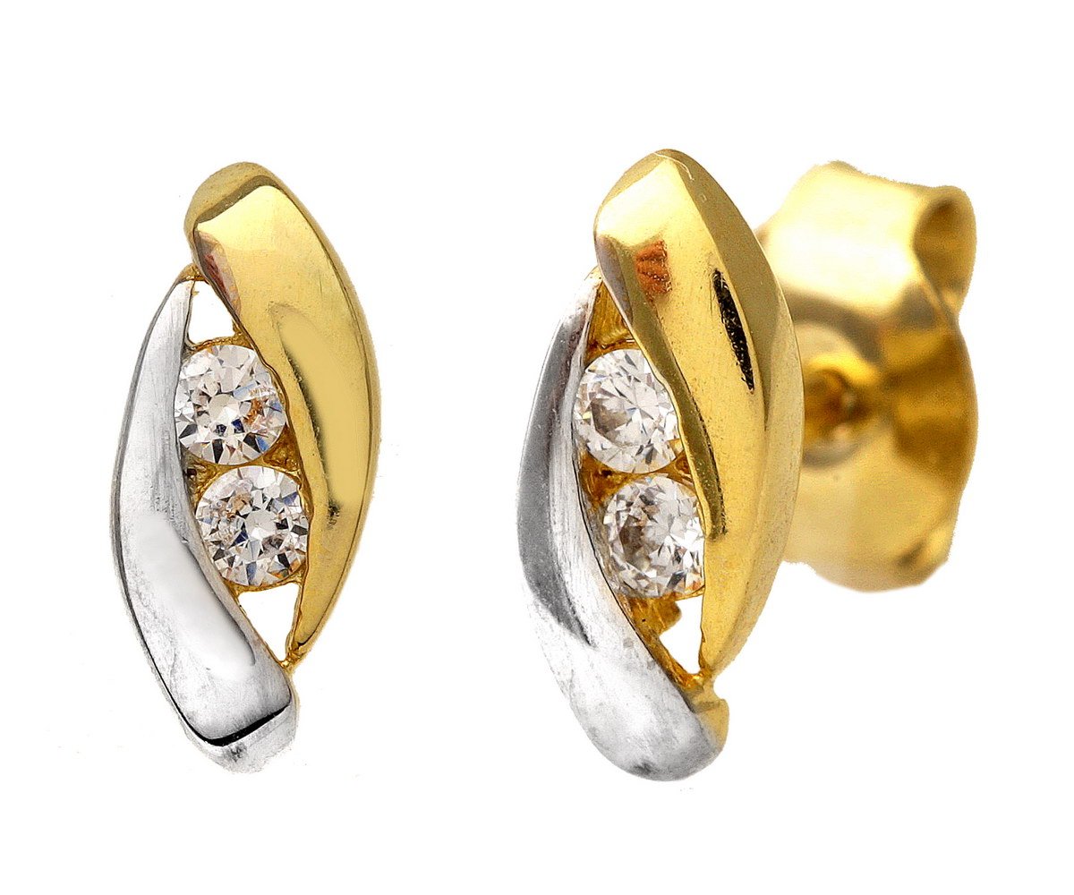 9ct Yellow and White Gold Women’s Earrings – Double Cubic Zirconia Stone Studs – by Elegano