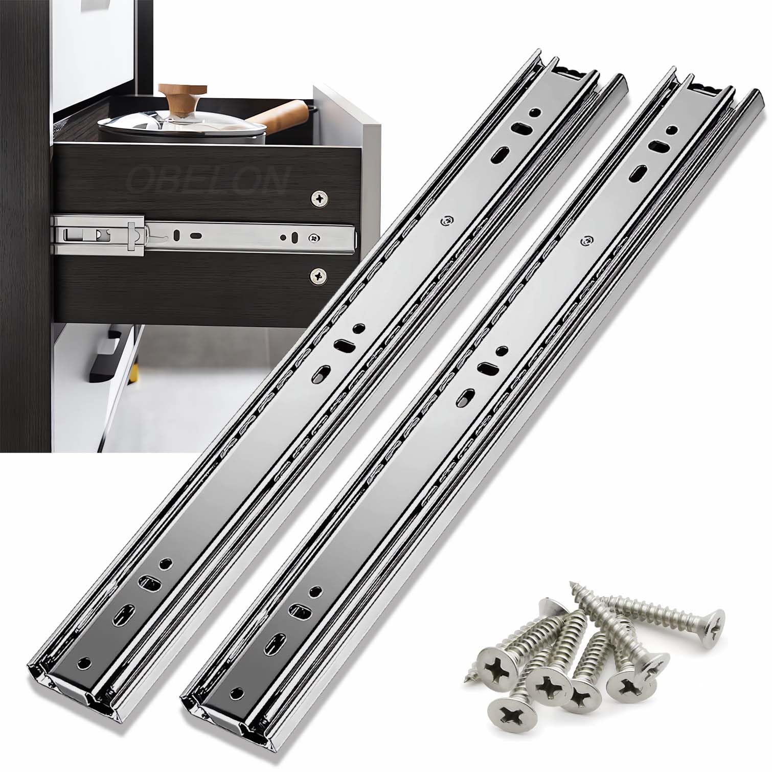 OBELON 400mm Stainless Steel Heavy Duty Drawer Slides, 45kg Load Capacity, Full Extension Ball Bearing Runners, Side Mount for Kitchen Cabinets, Silver, 1 Pair