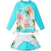 BAOHULU Girls 2-Piece Rash Guard Swimsuit Long Sleeve Bathing Suit with Swim Skirt UPF50+ Kids Beach Swimwear 2-12Y