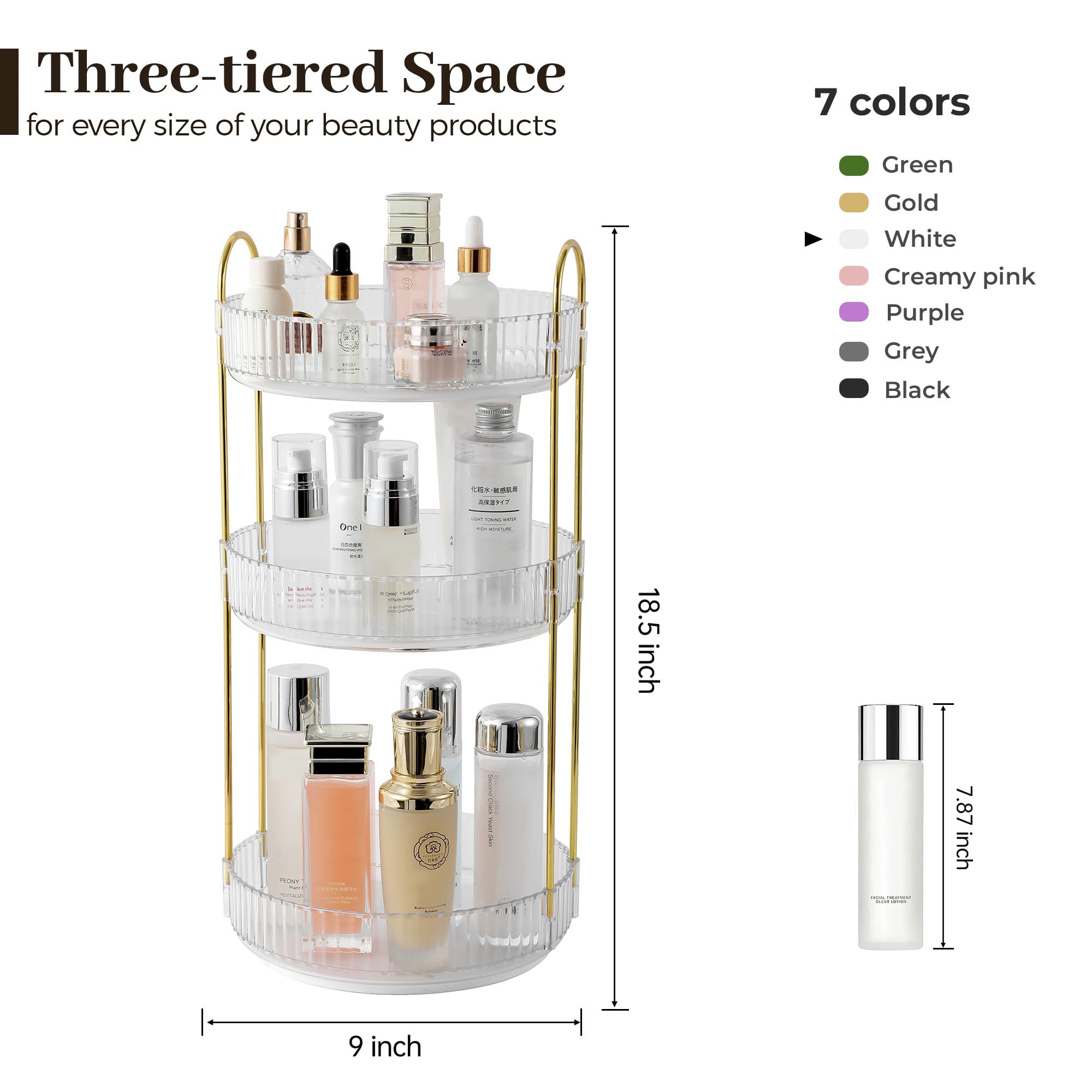 Aveniee Rotating Makeup Organizer for Vanity, 3 Tier Perfume Skincare Organizers and Storage for Bathroom Countertop, Clear Spinning Counter Cosmetic Holder for Dresser,White