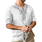 JoZorro Mens Polyester Linen V Neck Henley Shirt Long Sleeve Caftan Handmade Tunic Embroidered Casual Beach T Shirts