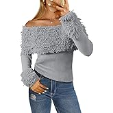 Saodimallsu Womens Off The Shoulder Sweater Tops Fringe Long Sleeve Fitted Knit Fall Date Night Pullover Sweaters