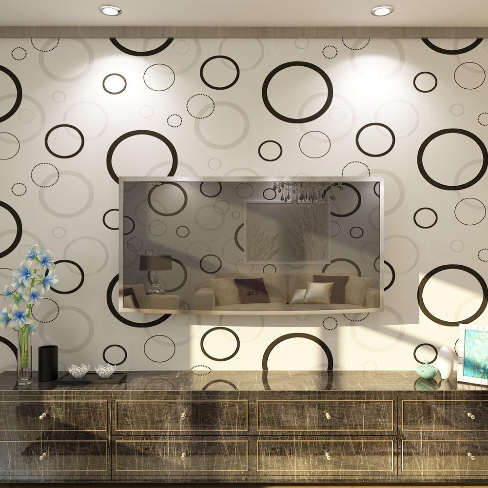 HANMERO 10m Super Larger European PVC Removable Polka Dot Abstract Curves Embossing Vinyl Wallpaper for Living Dining Bedroom Sofa Background (White Black Circle)