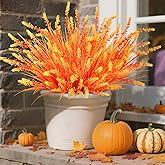 Artificial Fall Fake Outdoor Plants Flowers for Autumn Decoration,10 Bundles Faux Plastic Tall Monkey Grass Greenery UV Resistant Realistic for Home Outside Planter Window Porch Patio Garden (Orange)