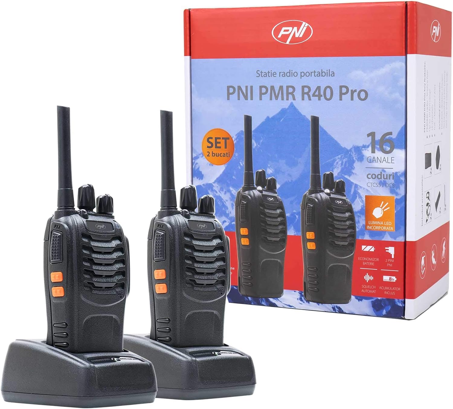 Pack of 6 pieces Portable radio PNI PMR R40 PRO batteries, chargers and headphones included, Black, 6 piece kit - Image 3
