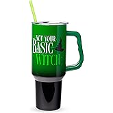 Silver Buffalo Wicked Elphaba Not Your Basic Witch Ombre Double Walled Stainless Steel Tumbler with Handle and Straw, Fits in Standard Cup Holder, 40 Ounces