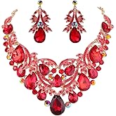 BriLove Women's Bohemian Boho Crystal Teardrop Filigree Leaf Hollow Statement Necklace Dangle Earrings Set