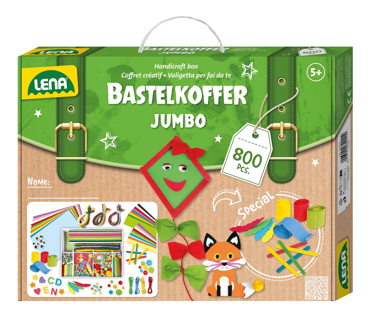 Lena Jumbo Bastelkoffer mit 800 Teilen, Bastelset bestehend aus Papier, Moosgummi, Pfeifenreiniger, Strasssteine, Wackelaugen, Pompons und Knöpfe, in bunten Farben, geeignet für Kinder ab 5 Jahren