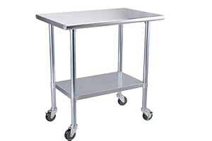 ROCKPOINT Stainless Steel Table for Prep & Work with Caster 36x24 Inches, NSF Metal Commercial Kitchen Table with Adjustable Under Shelf and Table Foot for Restaurant, Home and Hotel (Silver)