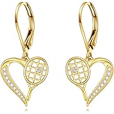 KECHO 14K Solid Gold Tennis Racket Earrings 14K Real Gold Heart Dangle Drop Dangling Leverback Jewelry Tennis Lover Gifts for Women