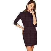 Allegra K Women's Mock Neck 3/4 Sleeve Slim Check Office Work Plaid Dress