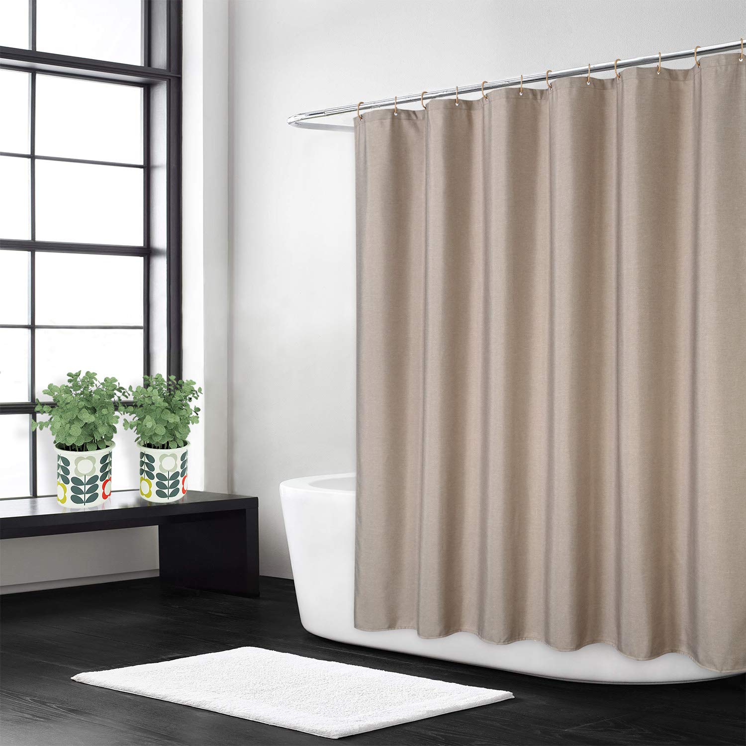 Flax Linen Like 240GSM Heavy Weight Fabric Shower Curtain for Bathroom with Hooks Hotel Luxury Washable, Taupe, 180x200 cm