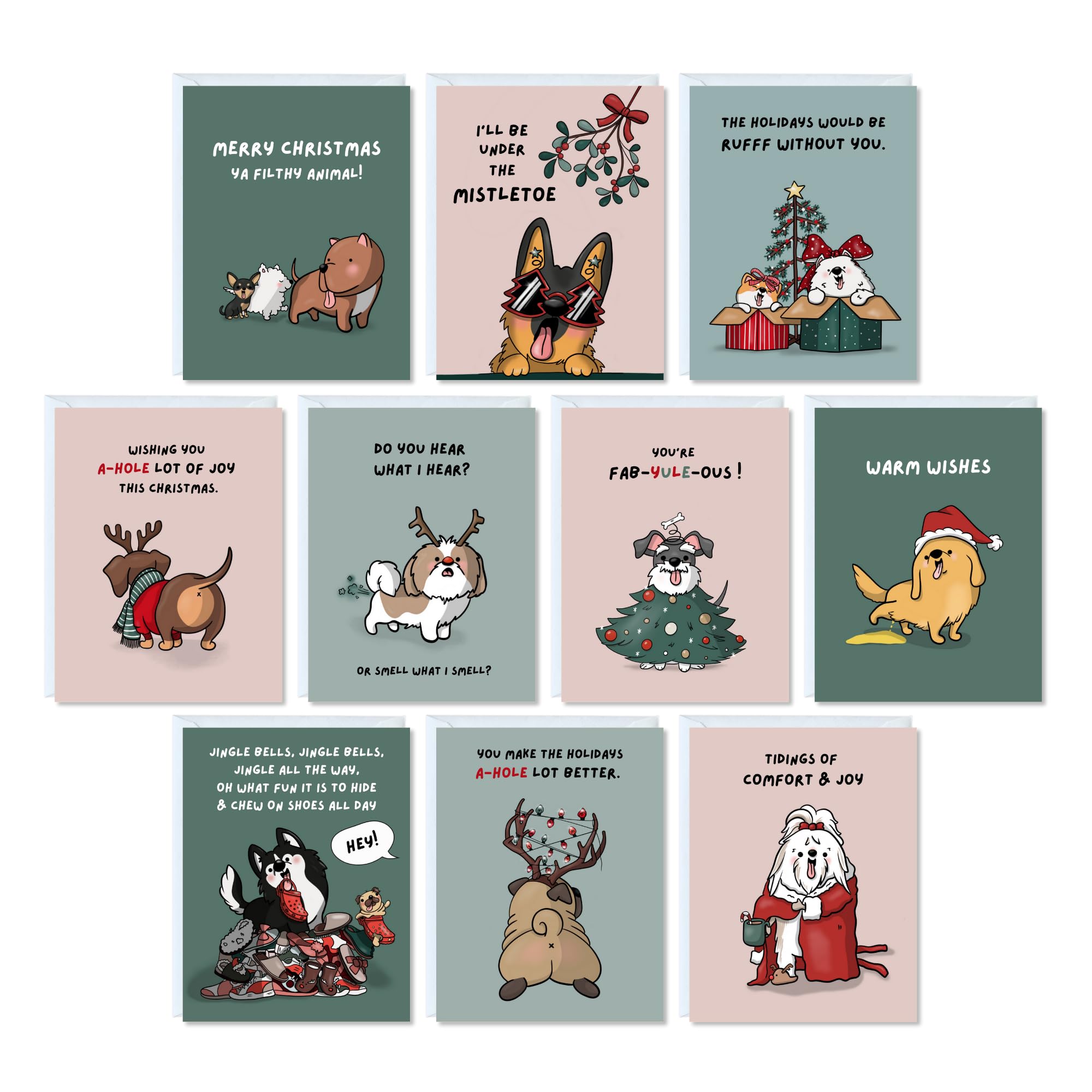 Funny Dog Christmas Card Pack – 10 Punny Festive Greeting Cards, Holiday Multipack, Cute & Blank Inside, for Dog Lovers, Friends, Family, Secret Santa (10 Cards Total - Dogs - 1 of each design) — image 1