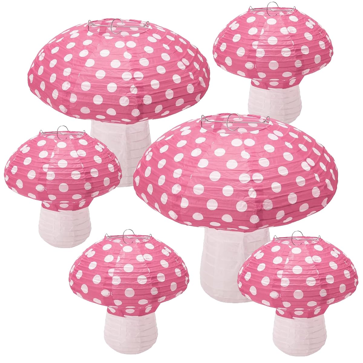 Photo 1 of 6 Pieces Mushroom Paper Lantern - Mushroom Party Decorations Mushroom Hanging Lanterns Mushroom Table Centerpieces for Forest Jungle Wonderland Theme Birthday Baby Shower Garden Decor(Pink, 8&12 inch)