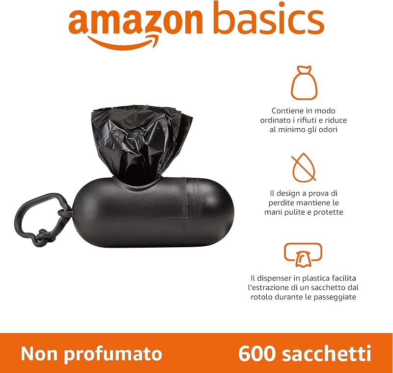 Sacchetti igienici per cani con dispenser e clip per guinzaglio, inodori, 600 pezzi (40 confezioni da 15 sacchetti)