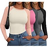 Locoowai 3 Pack Women's Long Sleeve Shirts Fitted Color Block Baseball Tee Raglan Crew Neck Layering Tops