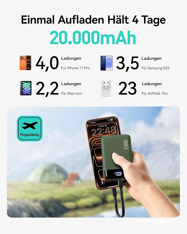 20000mAh Power Bank, Klein 22.5W Schnellladung Externe Handyakkus