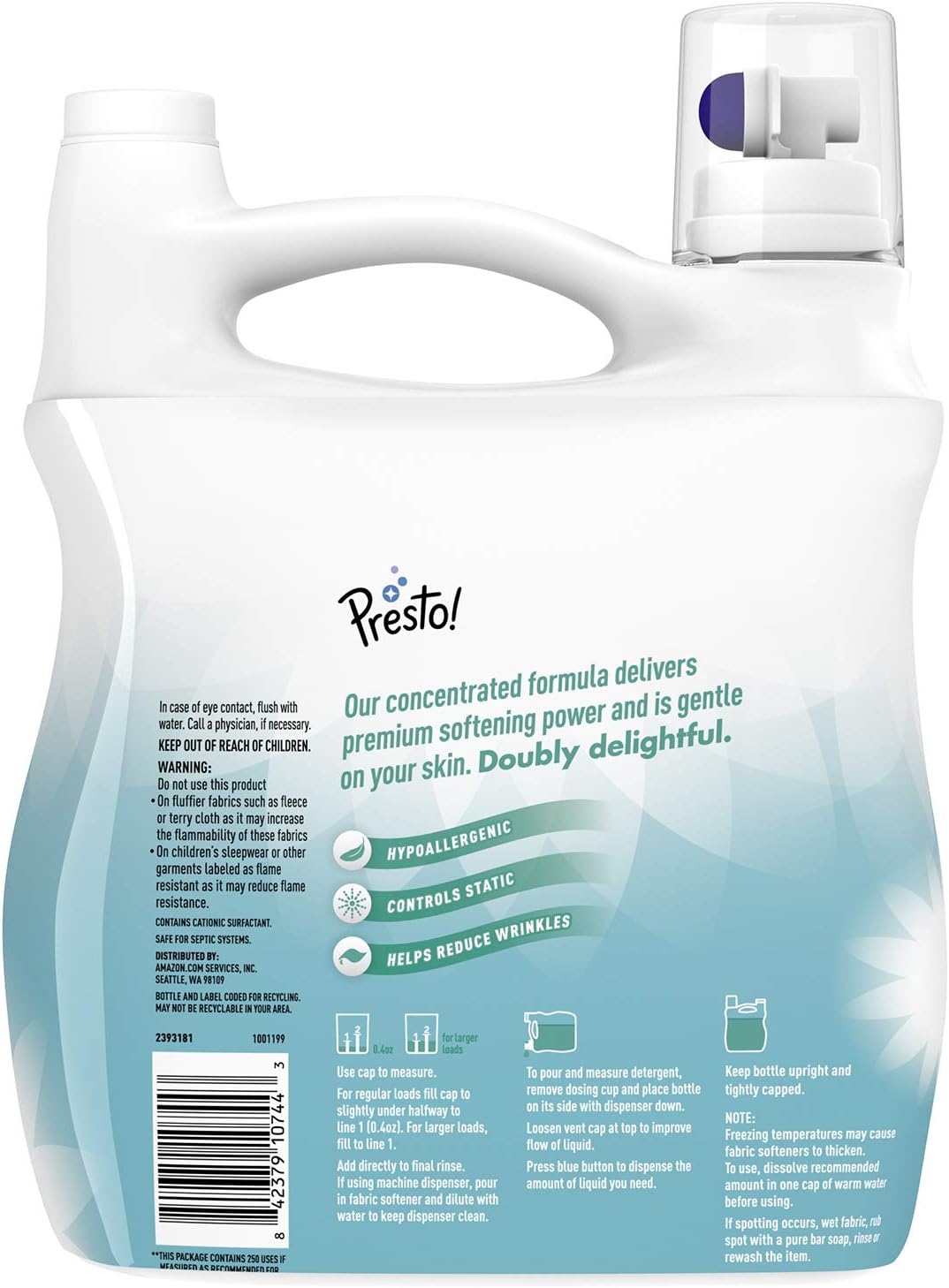  Brand - Presto! Concentrated Fabric Softener, Free & Clear, Hypoallergenic, Free of Perfumes Clear of Dyes, 250 Loads, 100 Fl Oz: Health & Personal Care