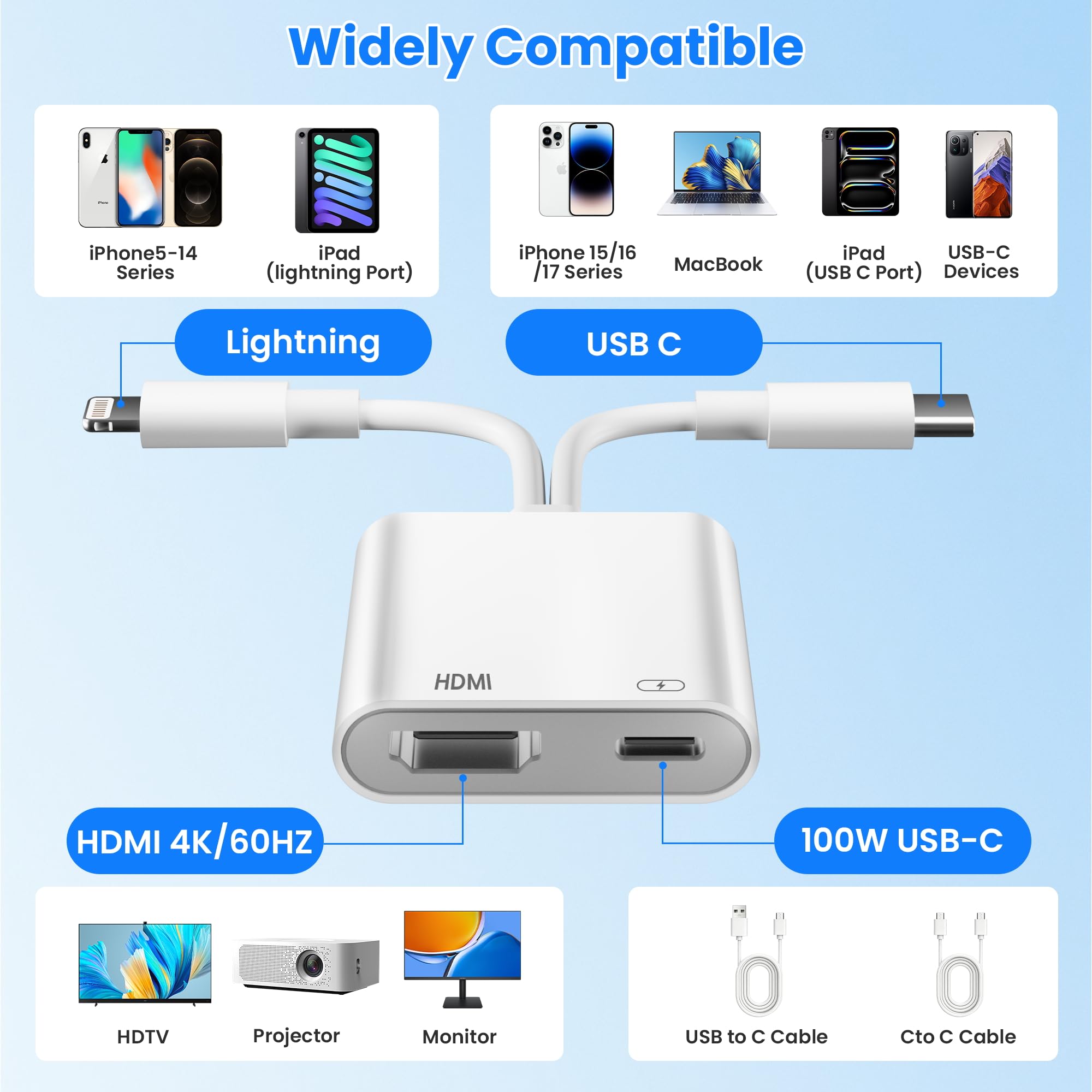 USB C und Lightning auf HDMI Adapter für iPhone, 4K@60Hz 100W USBC HDMI Adapter für iPhone 17/16/15/iPad MFi-zertifizierter HDMI Digital AV Adapter Lightning mit i Phone/iPad zu HDTV/Projektor/Monitor 2