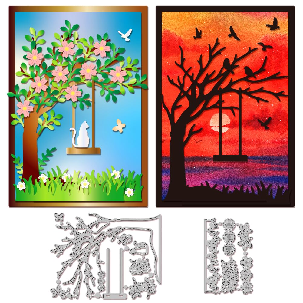 GLOBLELAND Tree Swing Cutting Dies for Card Making Metal Cat Bird Flower Die Cuts Cutting Dies Templates for Scrapbooking Journal Embossing Paper Craft Decor