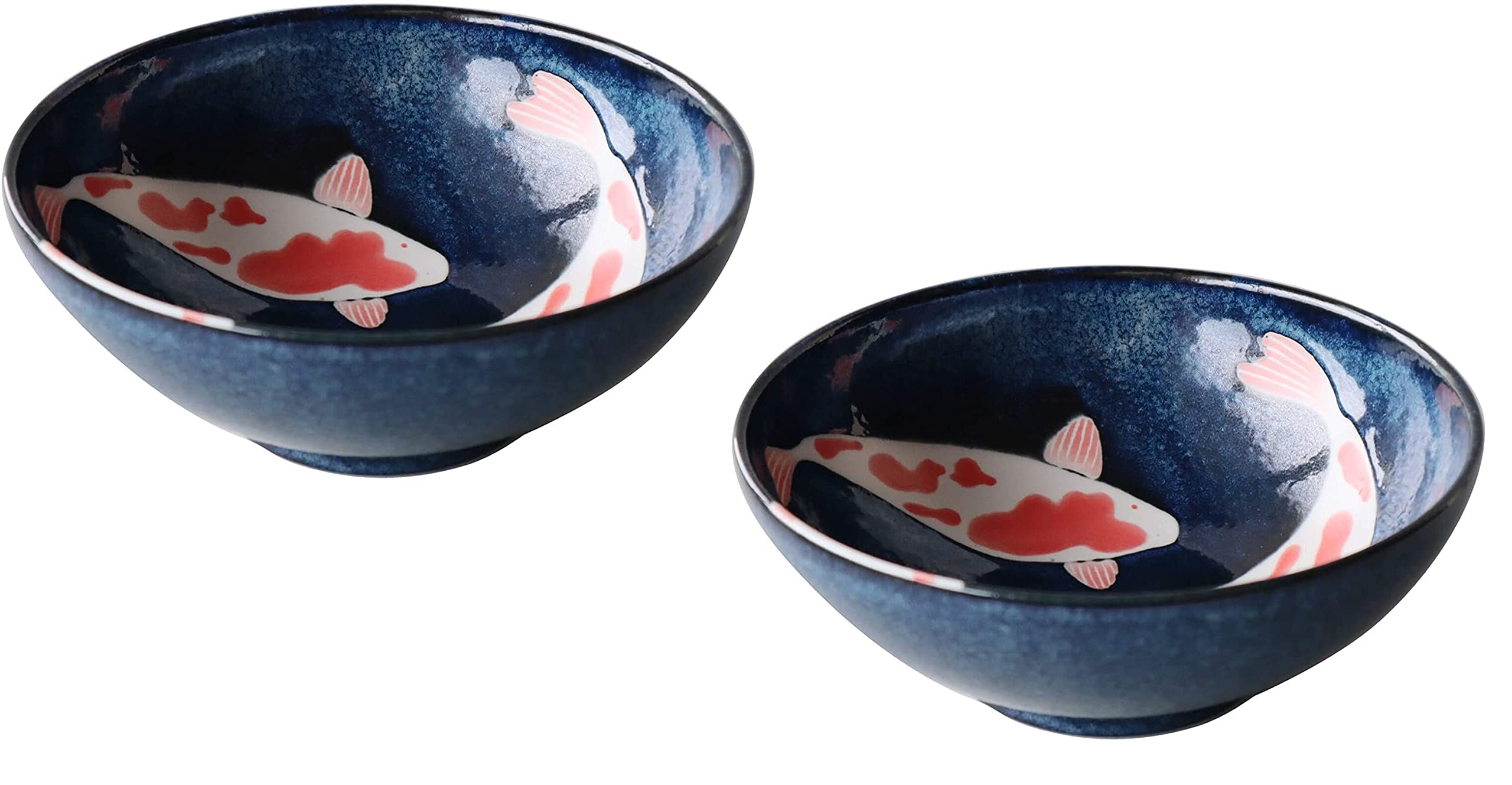 Japanese Mino-yaki Ceramic Donburi Bowl, Extra Large Size for Ramen, Made in Japan, 21.5cm, Luck Bringing Red Carp Pattern, Black 8018200, Set of 2 Ramen Bowls
