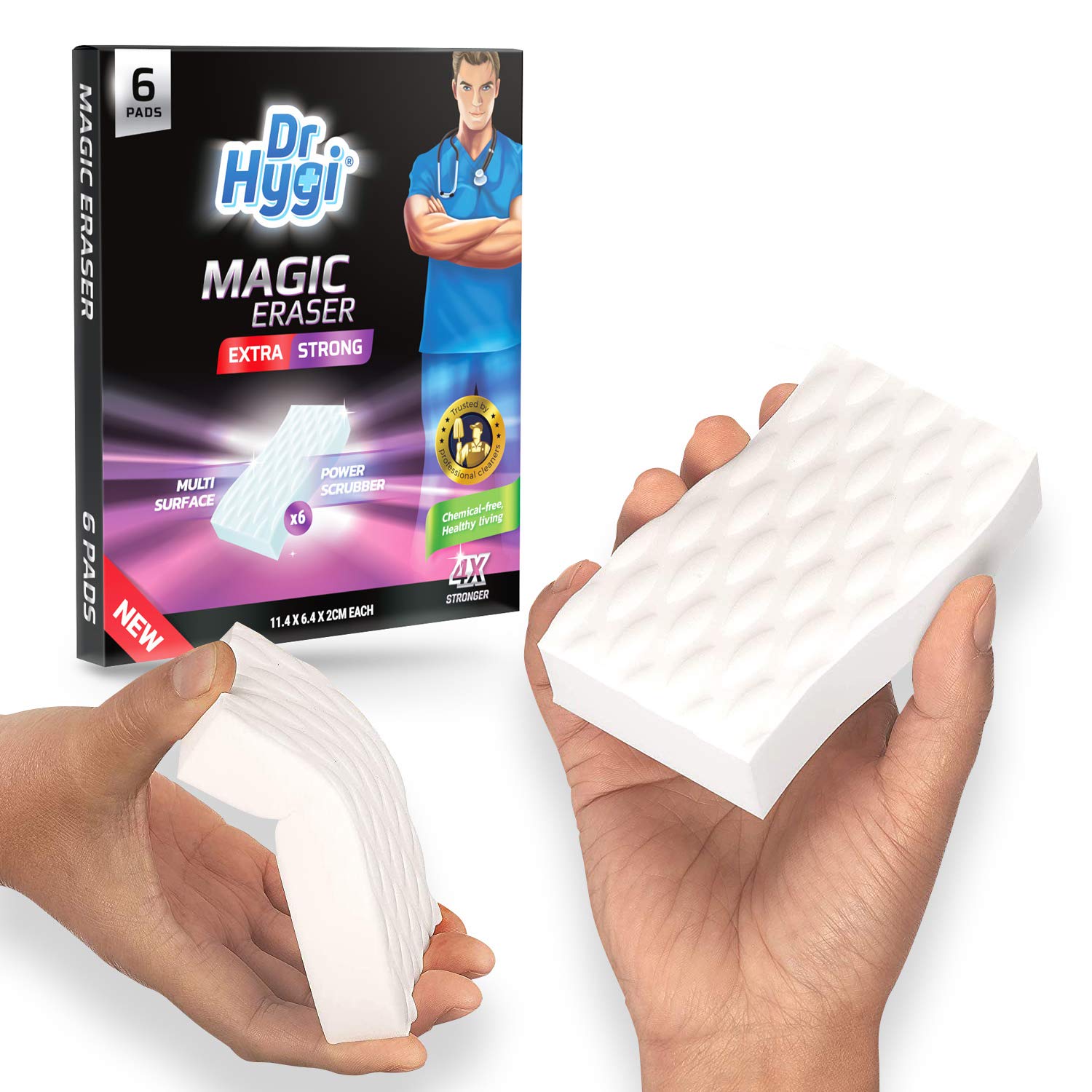 6 x Extra Power Magic Erasers by Dr Hygi™ | Magic Eraser Sponge Set for Mark and Stain Removal | Heavy-Duty Magic Sponge for All Surfaces | Magic Eraser Cleaning Sponges for Bathroom, Kitchen & Walls — image 1