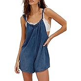 POTILI Denim Romper Overall Shorts for Women Adjustable Strap Tie Backless Jean Rompers Bib Shortalls with Pockets Summer