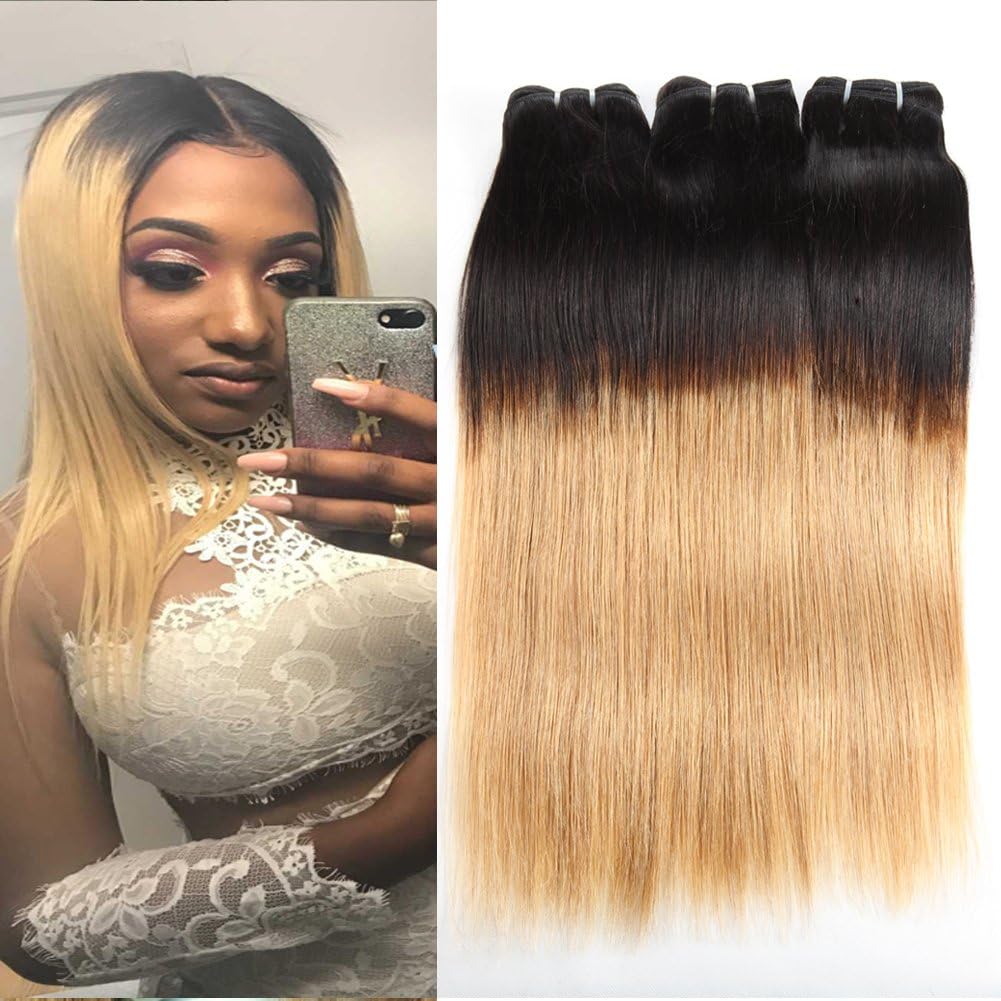 Huarisi Blonde Straight Bundles Ombre Human Hair Weaves Unprocessed Brazilian Virgin Hair 1b 27 Straight Hair Two Tone 100g/Bundle 12 14 16 Inches