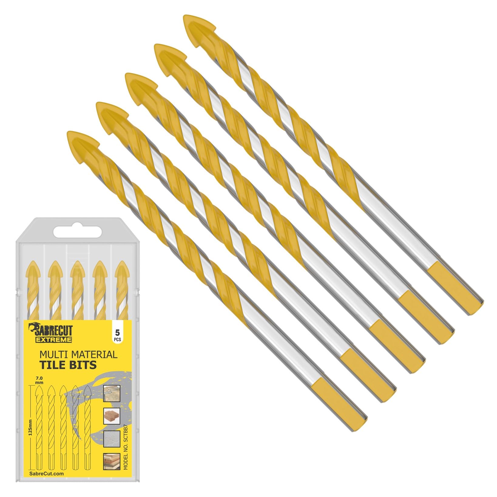 5 x SabreCut SCTBB7 7mm x 125mm Multi-Material Tile Drill Bits Set for Ceramic Porcelain Granite Marble with Durable Storage Box