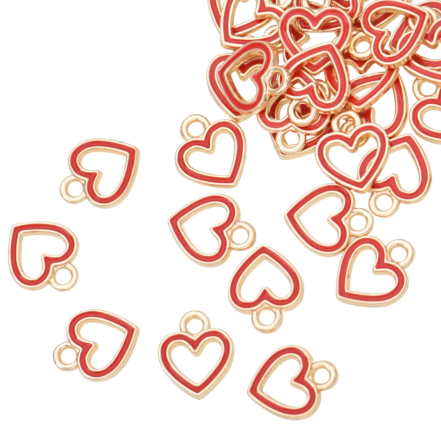 Pack of 80 Heart Circle Red Enamel Charms Gold Plated Colored Pendants Hawaii Style Accessories for Necklace Bracelet Jewelry Making DIY Crafting