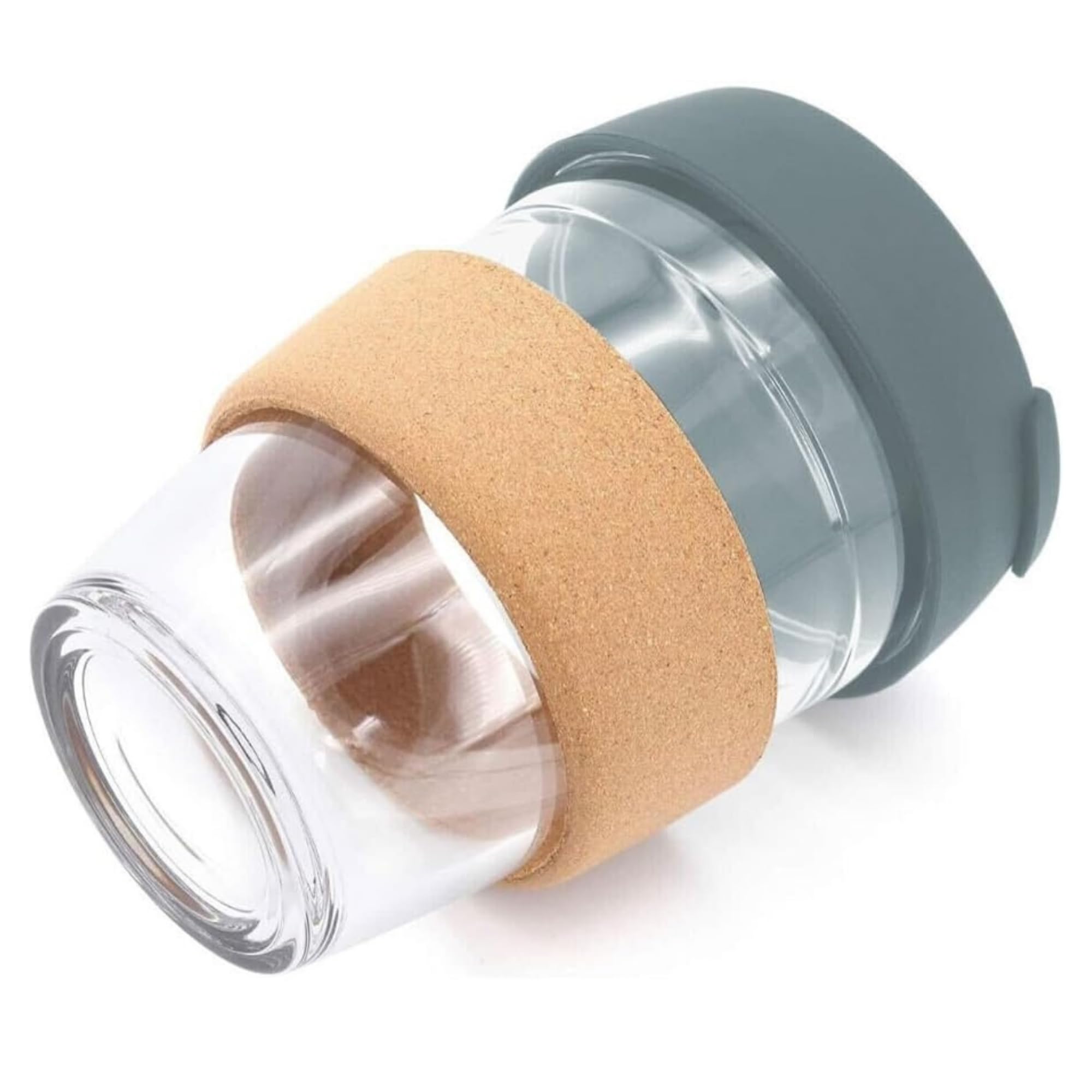 Reusable Glass Coffee Cup/Travel Mug with Lid - Heat Resistant Sleeve Surround Eco Friendly with Plugged Removable Lid (Grey Cork)
