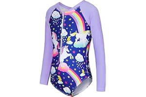 uideazone 2-9 Years Girls Long Sleeve Swimsuit One Piece Bathing Suit Zipper UPF 50+ Rashguard Swimwear