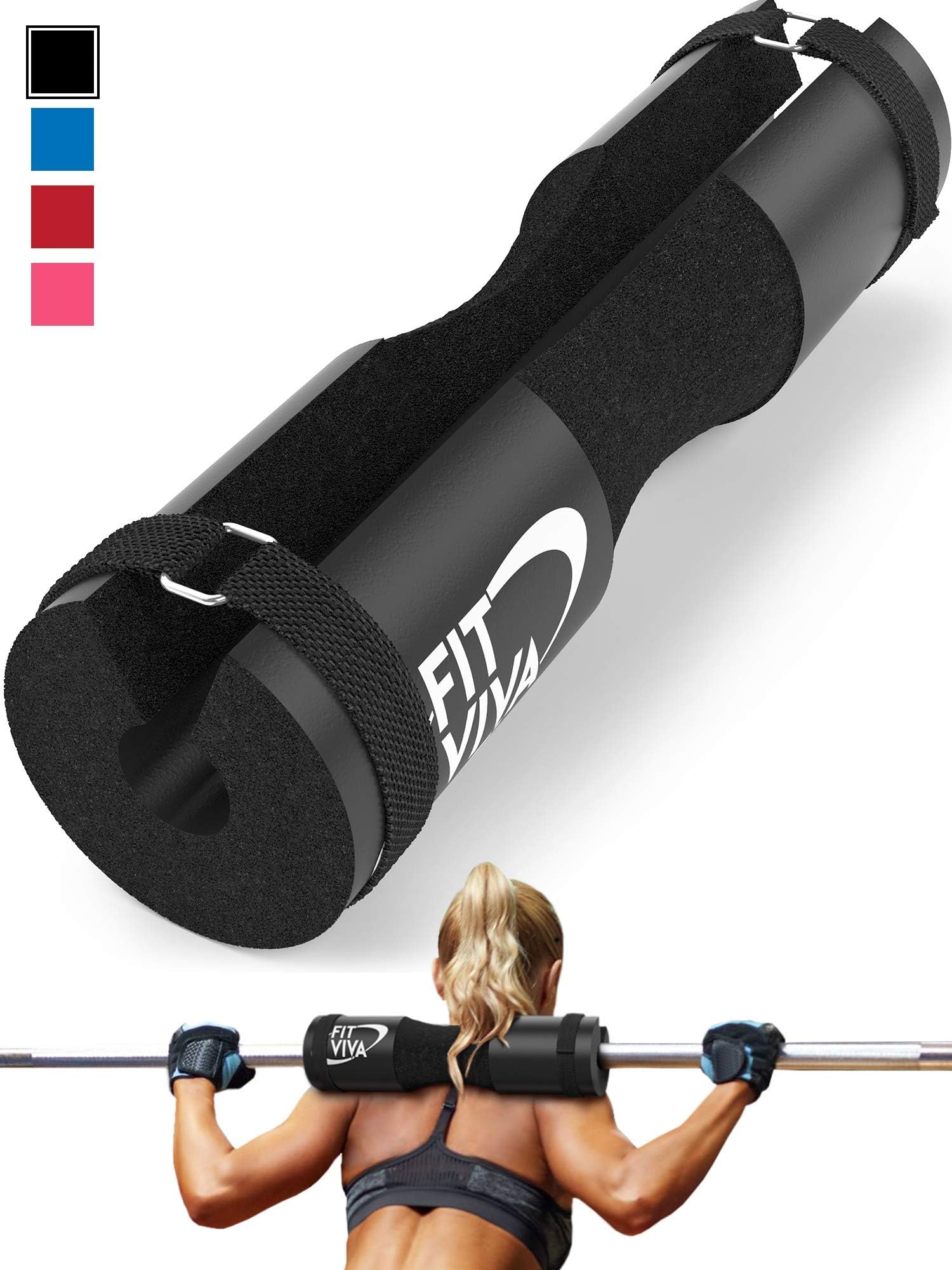 Fit Viva Barbell Pad for Standard and Olympic Barbells with Safety Straps Bonus 30 Day Challenge from Foam Pad for Weightlifting, Hip Thrusts, Squats and Lunges