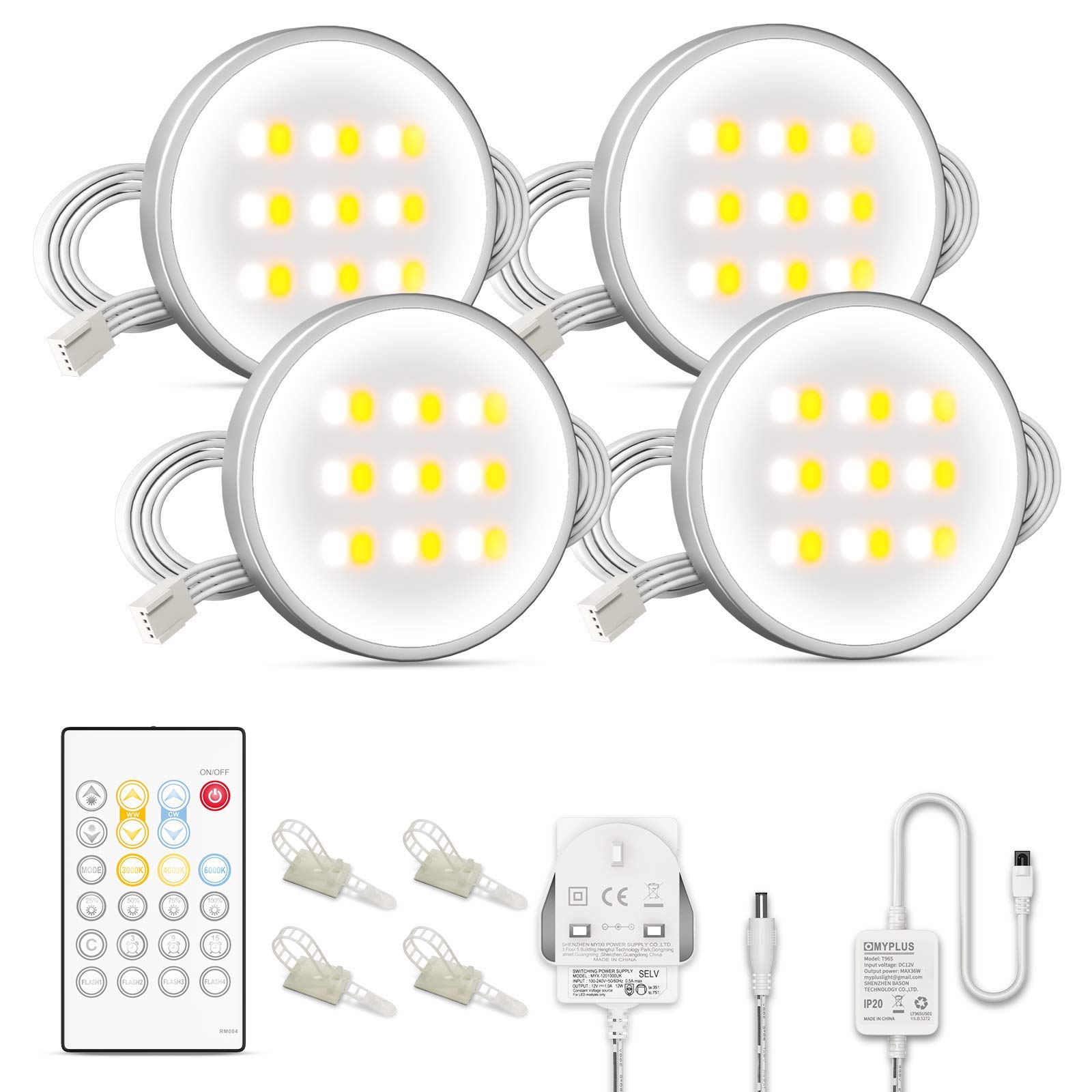 MYPLUS White Led Under Cabinet Lighting, 4 Packs Puck Lights with Remote Controller,Dimmable,Timed,Warm and Daylight Changeable, Led Counter Light for Kitchen Cabinet,Counter,Shelf — image 1