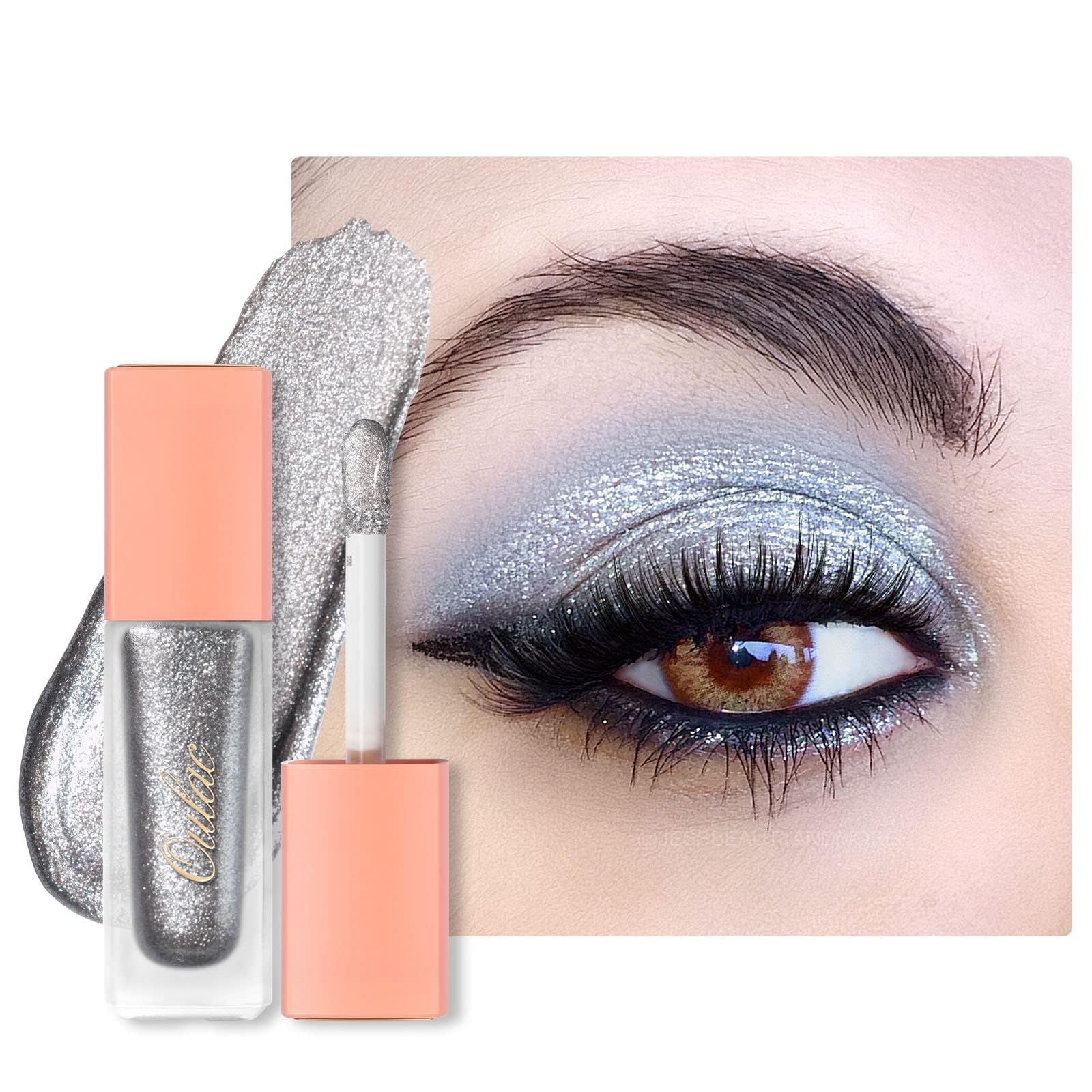 Oulac Liquid Glitter Eyeshadow – Silver Shimmer Eyeshadow & Eyeliner with Fine Sparkle, Blendable Sparkly Eye Make-up, Crease-Free, Vegan, 6.8g, Bling Silver (13)