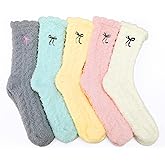 Jspupifip 5 Pairs Fuzzy Socks for Women Fuzzy Cozy Home Sleeping Socks with Bow Design Winter Warm Slipper Crew Sock