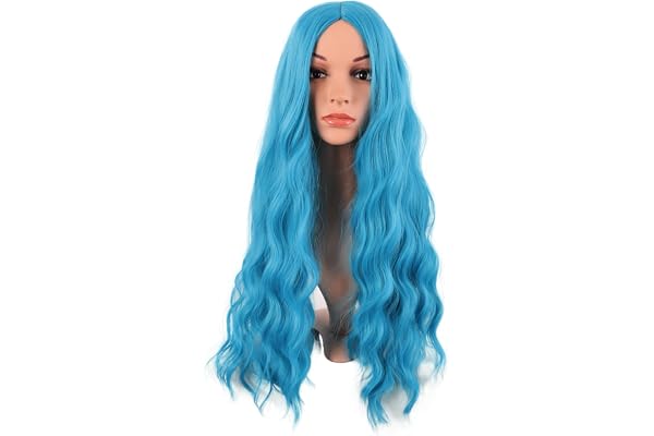 MapofBeauty 28 Inch Long No Bangs Synthetic Fiber Curly Wig,Cyan Blue | 70 cm,Wavy,Fashion,Women,Party,Cosplay