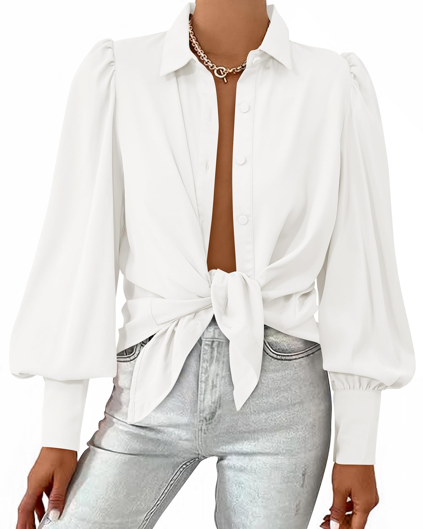 Photo 1 of *CREAM COLOR, SIMILAR TO PHOTO ONLY* BTFBM Women Fashion Button Down Shirts V Neck Printed Solid Boho Long Sleeve Blouses Dressy Casual Summer Fall Tops Medium)