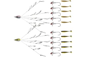 Pfeibk Alabama Rigs for Bass Fishing, 5 Arms Umbrella Rigs for Stripers with Swivels Spoons, Fishing Bass Bait Lure with 10 Pcs Fishing Worms, Alabama Rig for Bait Rigs with Crappie Ned Jigs