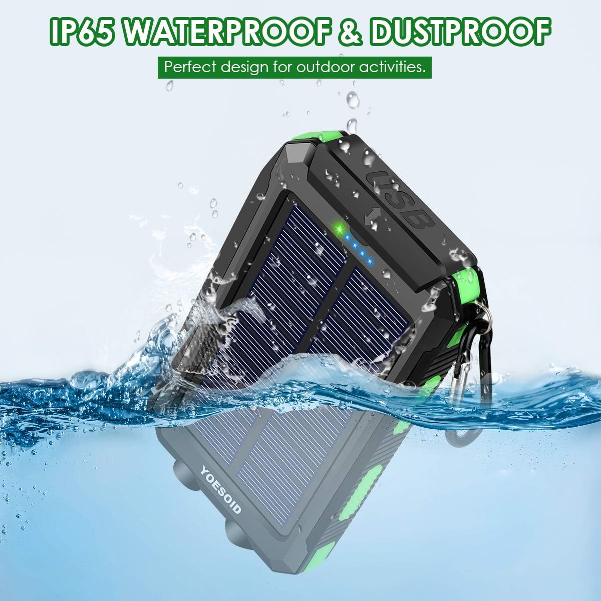 Solar Charger 20000mAh YOESOID Portable Solar Power Bank Outdoor Waterproof Camping External Backup Battery Pack with Dual USB Ports 2 LED Light Carabiner and Compass, Compatible Most Smart Phones