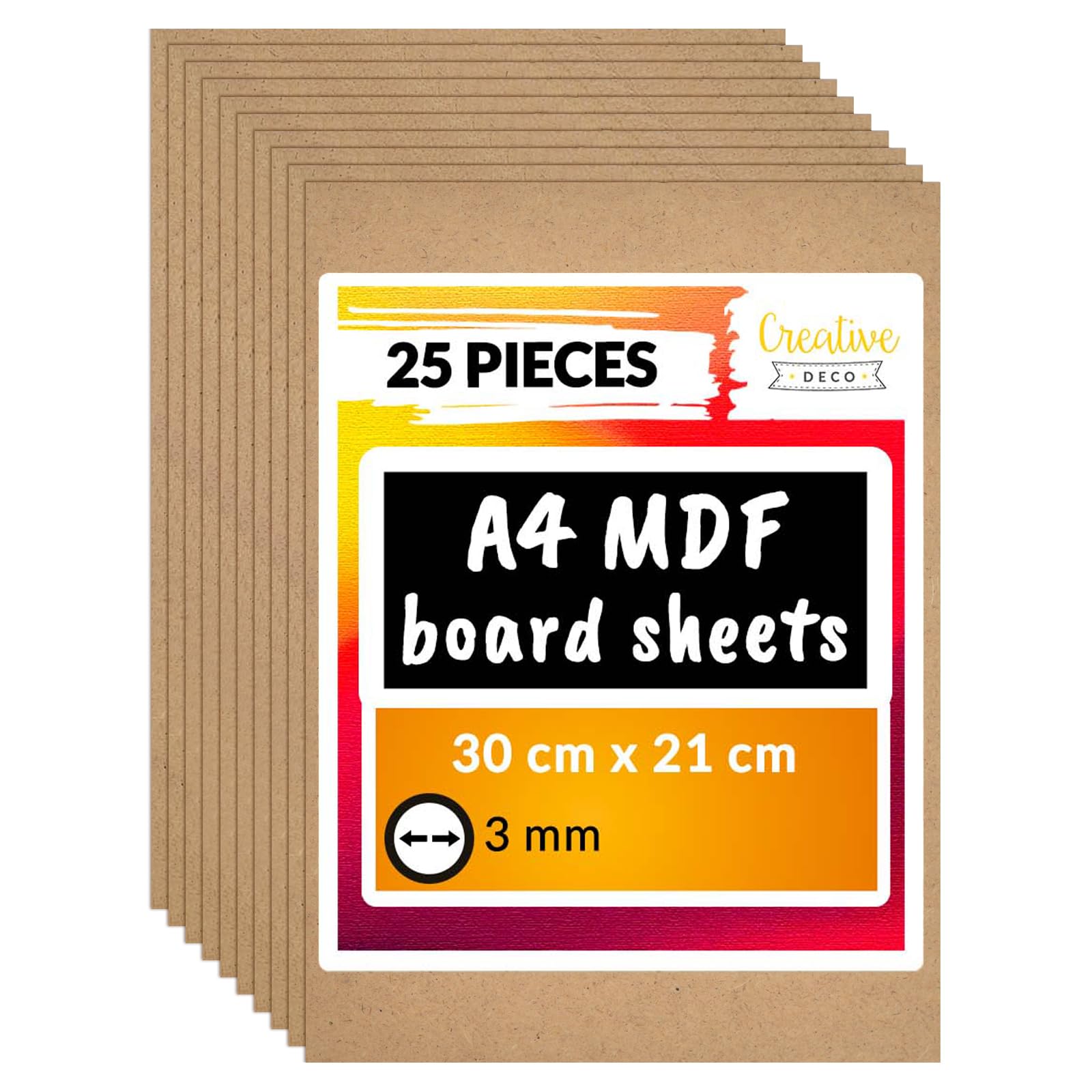 Creative Deco 25 x A4 MDF Board Sheet | 300 x 210 x 3mm Wood | Wooden Blank for Drawing, Home Decor, Art and Craft, Painting, DIY Projects, Laser Cutter, CNC Cutting, Scroll Saw, Stenciling Pyrography