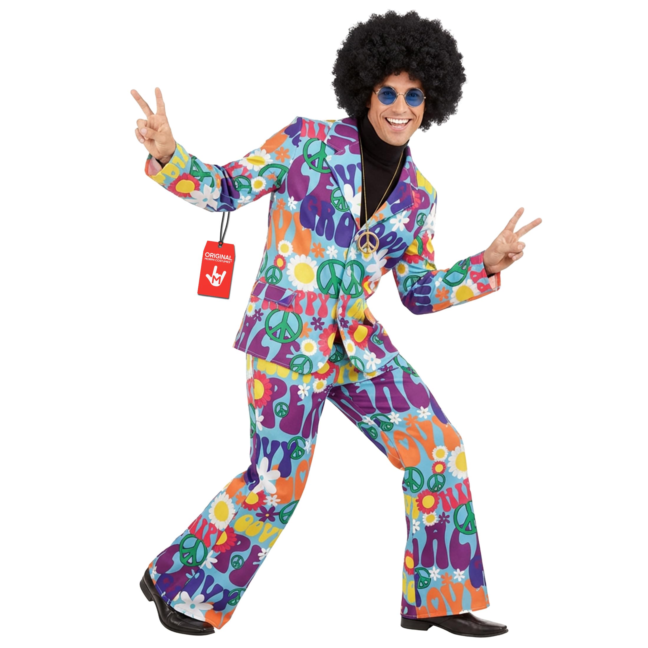 Fun Shack Mens 70s Groovy Hippie Costume Adults 60s Flower Power Hippy Suit, L, Groovy Words Suit