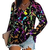 Glow in Dark Splatter Neon Long Sleeve Shirts for Women Fashion V Neck T-Shirt Women's Fall Tops