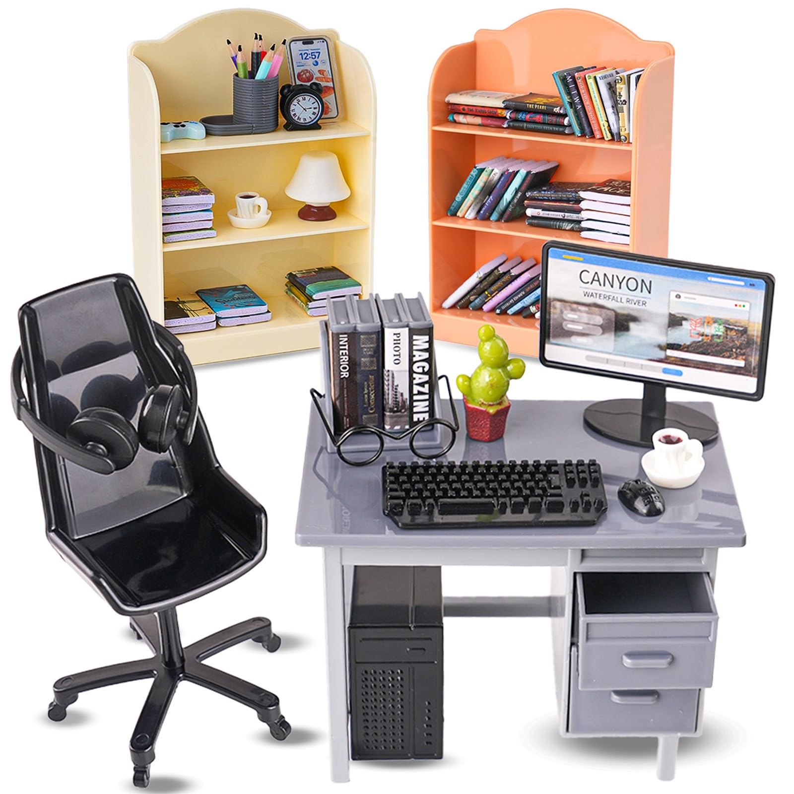 Photo 1 of 1:12 Scale Mini Office Desk Set Including Mini Computers Desks Computer Accessories Storage Racks Books Desk Lamps Glasses Headphones Mobile Game Controllers Etc Suitable For Displaying Ideal Gifts
