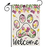 ZAEW Welcome Dog Paw Tulips Spring Garden Flag Summer Seasonal Yard Flag 12x18 Inch Double Sided Small Mini Yard Outdoor Outside Holiday Decoration