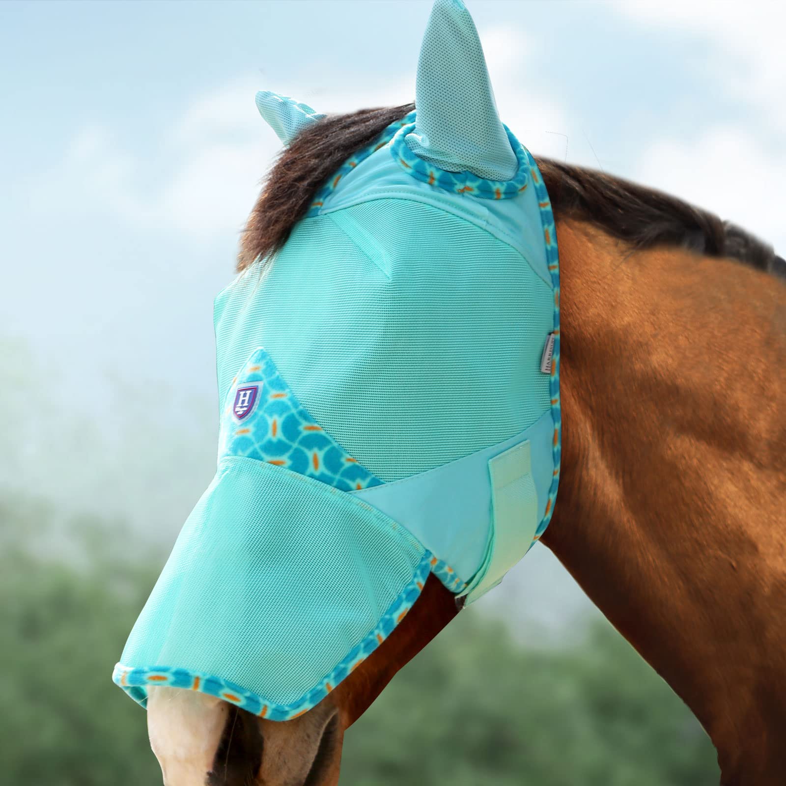 Harrison Howard Horse Fly Mask Long Nose with Ears Fleece Edging with Attractive Patterns Adds More Flair Mint Horse Large
