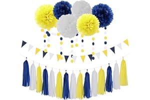 Navy-Blue White-Yellow Graduation Party Decorations - 23pcs Tissue Pom Poms Streamers,Birthday Tassel Garland Banner,Wedding Engagement Baby Bridal Shower Decor Ouruola