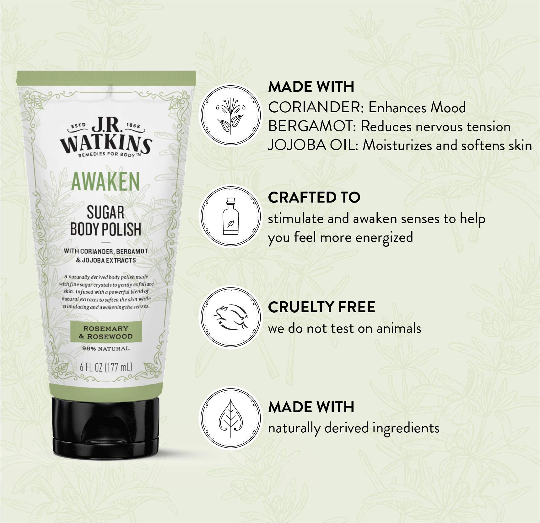 J.R. Watkins Awaken Sugar Body Polish, Rosemary & Rosewood Natural Body Scrub Cleanses, Softens & Stimulates Senses, 6 oz